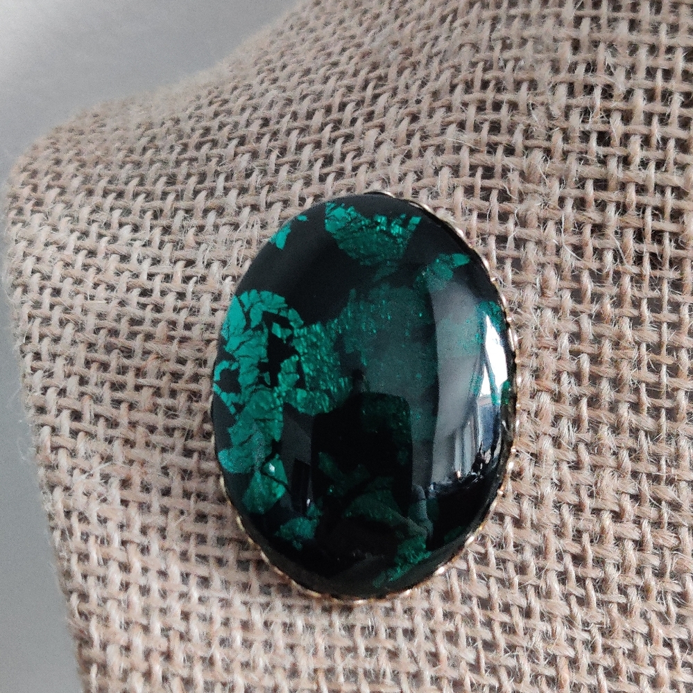 Vintage Green and Black Abstract Foil Art Glass  Brooch